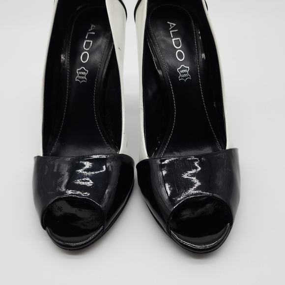 Aus6/ 37 Aldo Black and White Patent Leather Open Toe Heels Shoes - Picture 13 of 16